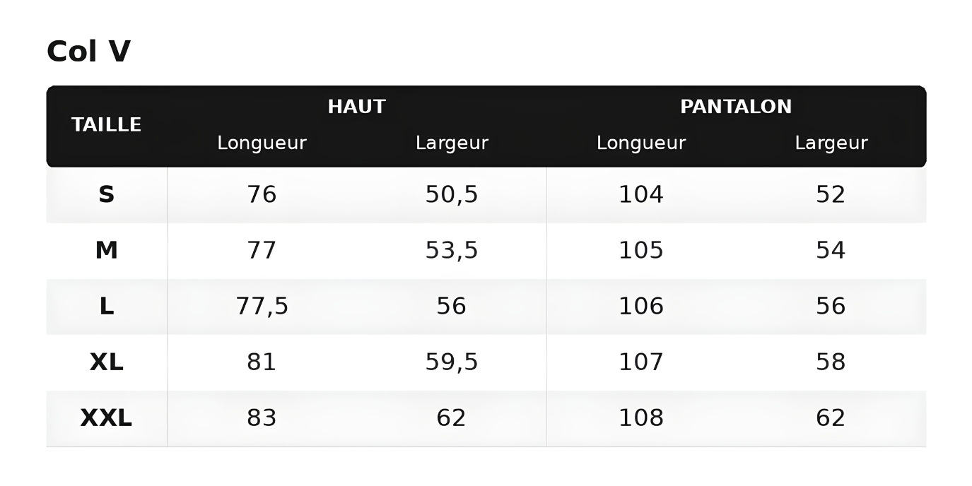Tableau des tailles Col V : mesures du haut et du pantalon, du S au XXL.