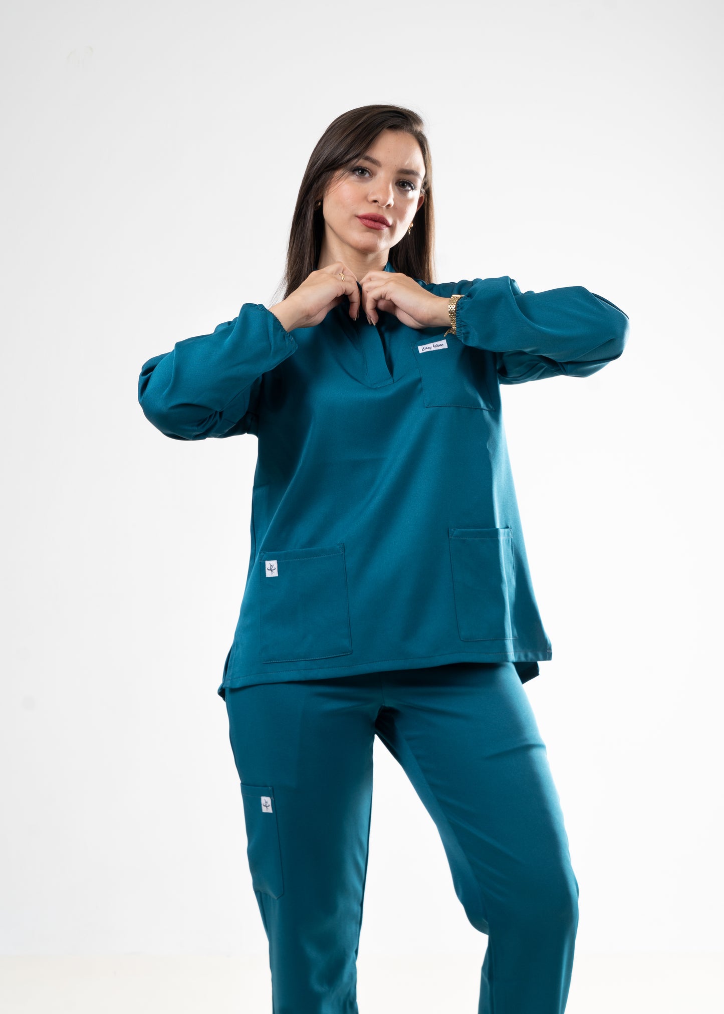 BLEU CANARD SCRUBS - COL OFFICIER AVEC MANCHE